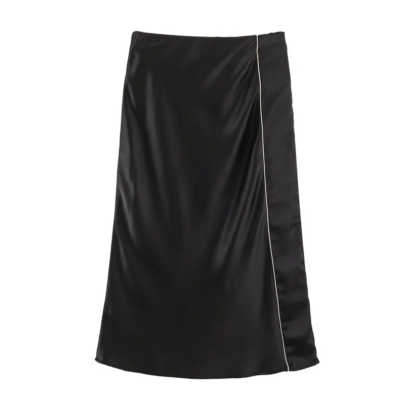 High Waist Silk Satin Midi Skirt Casual Color Block  Detailing Women's A-Line Skirt Elegant Feminine Lengthened Silhouette
