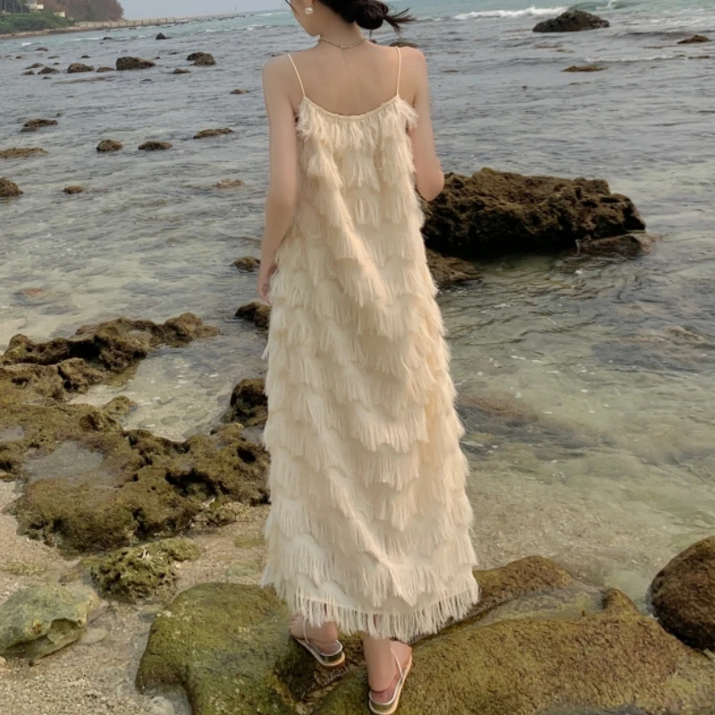 Bohemian Tank Dress Women's Loose-Fit French Riviera Vacation Beach Elegant Long Dress Summer 2024 New Style