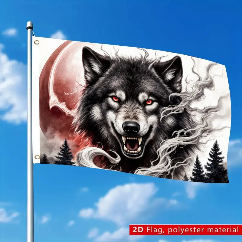 Gothic Black Wolf Flag Fierce Red Eyes Bared Fangs Blood Moon Forest Outdoor Polyester Decoration Banner