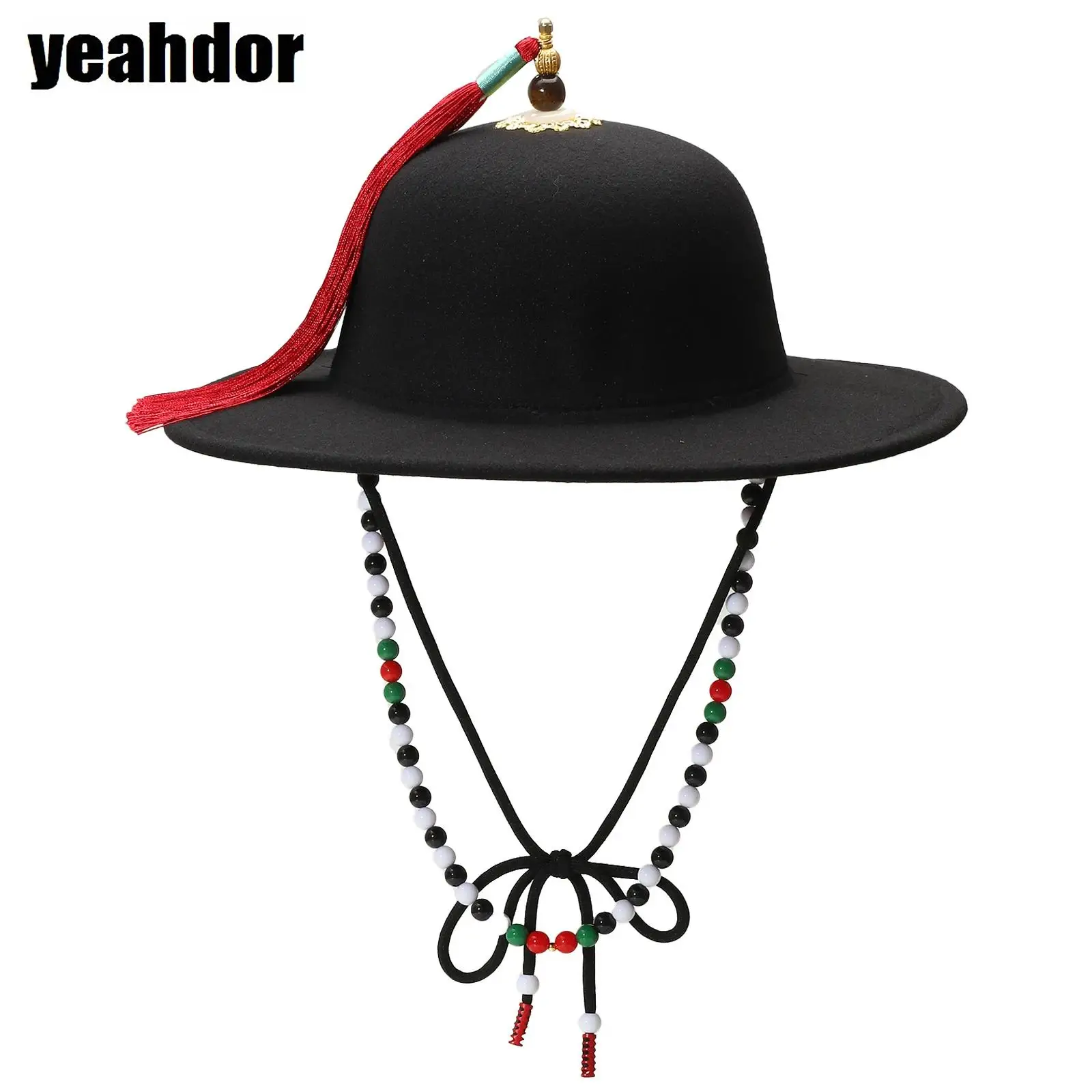 Ancient Chinese Dome Hat Ming Dynasty Hat Plastic Beads Chin Straps Delicate Decoration Wide Brim Hat Cosplay Accessory