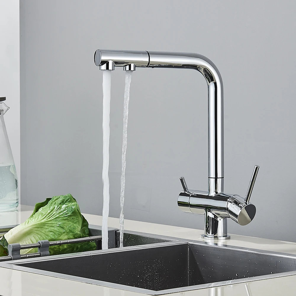 Chrome Brass Pull Out Filtered Kitchen Faucet Dual Handle Hot Cold Drinking Water 3-Way Filter Purification Mixer Taps