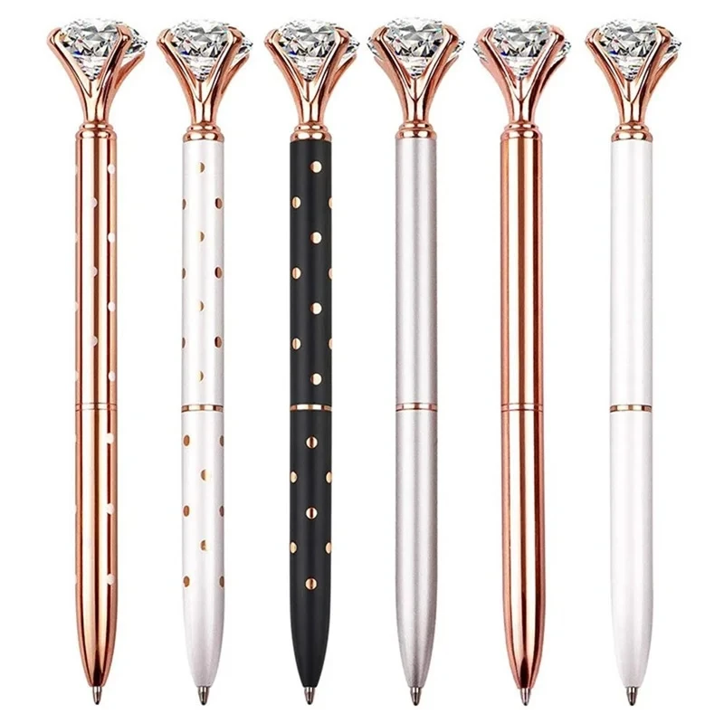 6 large crystal diamond pens, cute ballpoint pens, black ink ballpoint pens, student school office stationery supplies