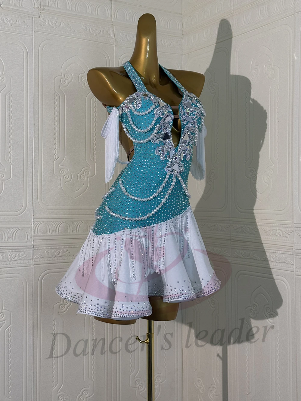 زي الرقص اللاتيني AB Stone أنثى الكبار الأطفال الراقية مخصصة سلسلة اللؤلؤ فستان أسود بركة السامبا