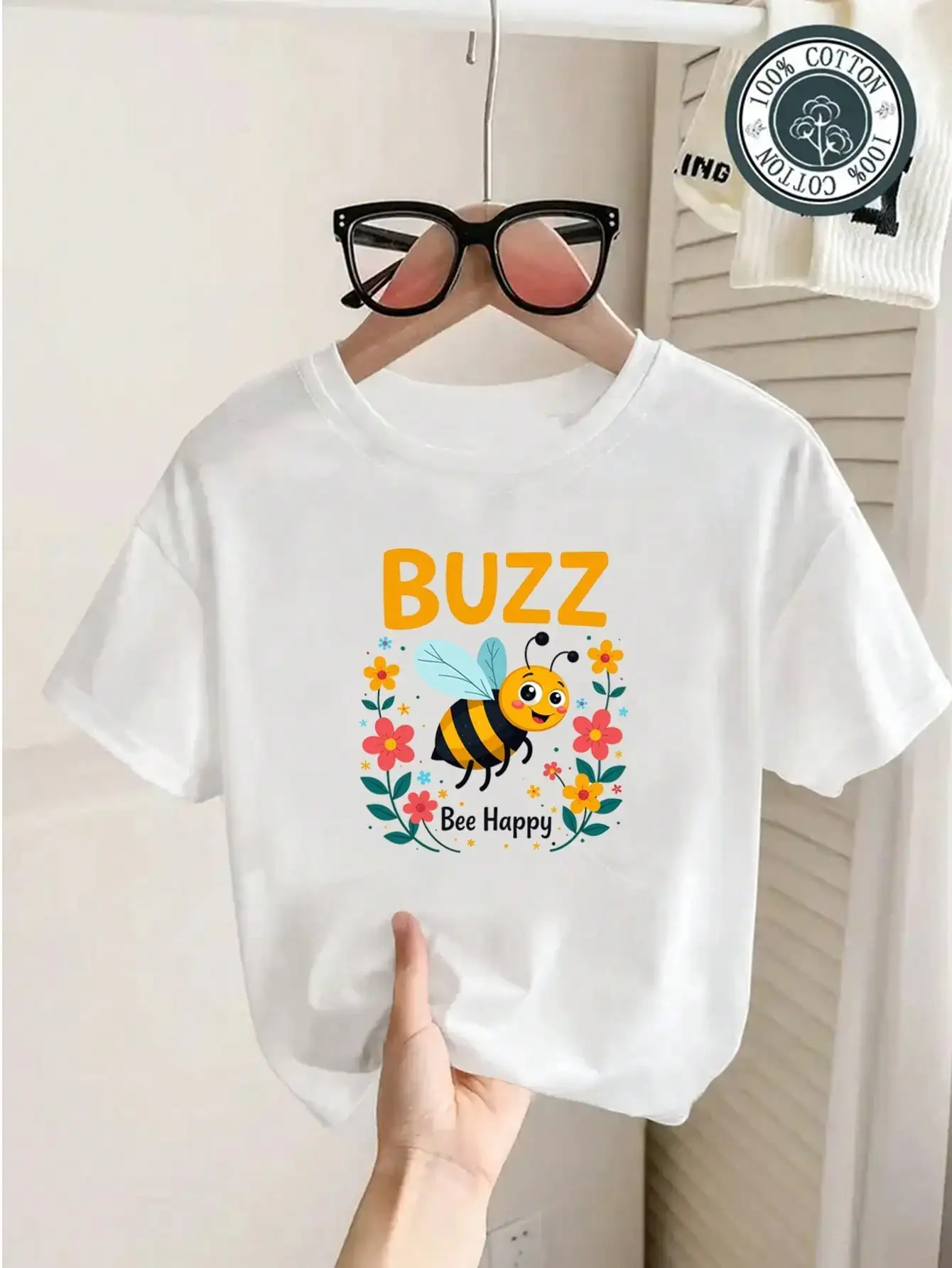 

Youngsters' Bee & Floral Pattern Cotton T-Shirt, White Tee With Bee & Flowers, Comfy & Cute Buzz Art Print Tops