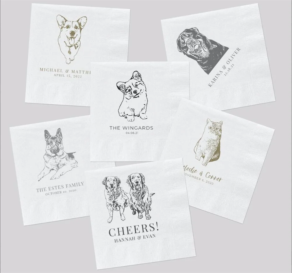 50PCS Custom Pet Cocktail Napkins for Weddings and Special Events - Personalized Wedding Napkins with Dog or Cat Illustrations