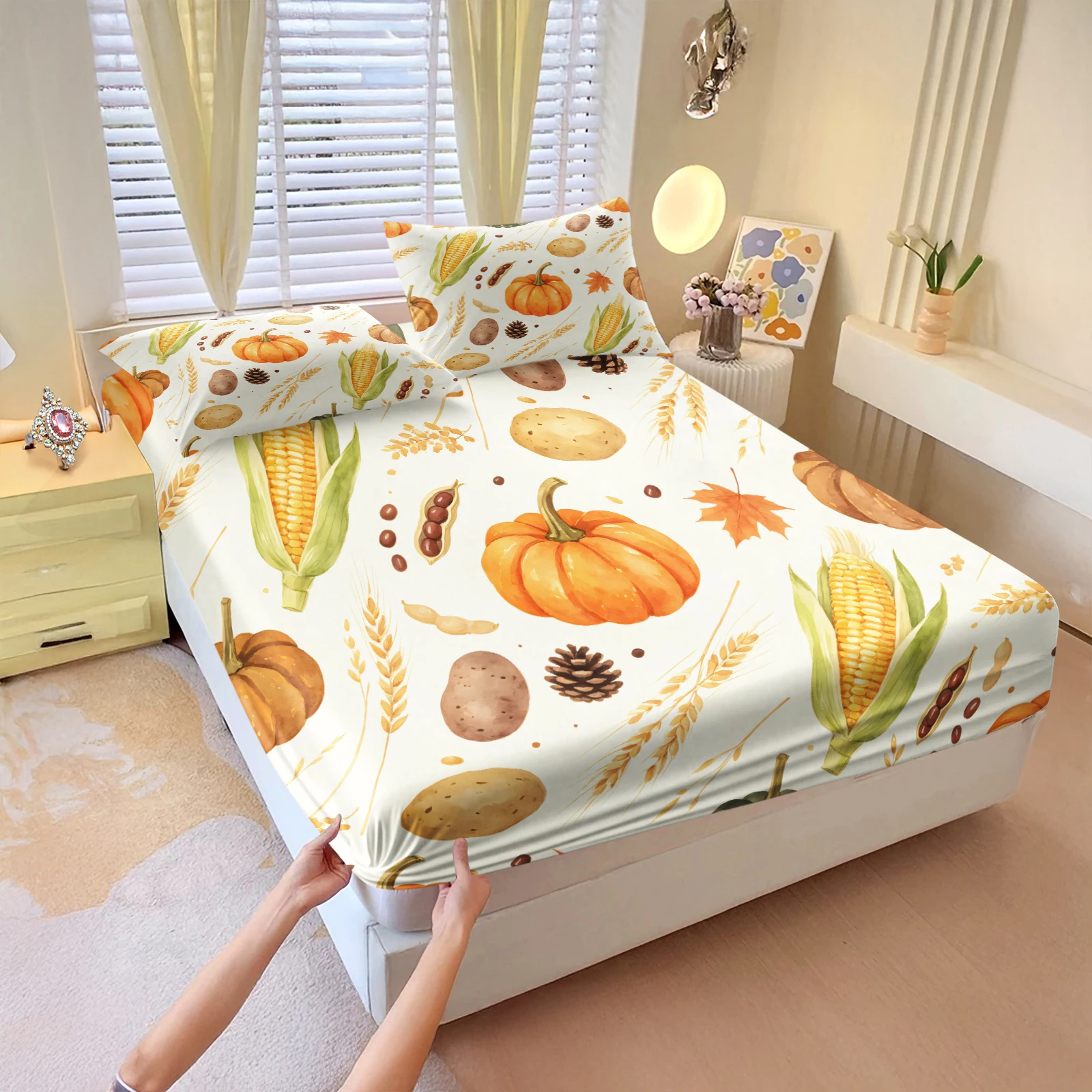 Thanksgiving Fall Harvest Fitted Mattress Cover Set Watercolor Pumpkin Print Soft Full‑Elastic Fitted Bed Sheet with Pillowcases
