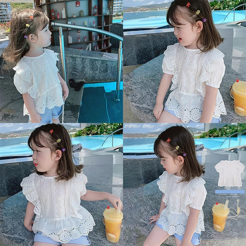 3-8T Girls Summer Round Neck Bubble Sleeve Short Sleeved Lace Hollow Breathable Shirt