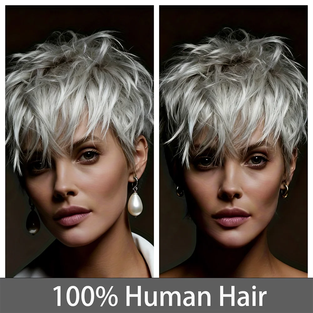 

Серый короткий парик с стрижкой пикси, человеческие волосы, короткий многослойный парик пикси для женщин, 6-дюймовый прямой серый парик из натуральных волос машинного производства