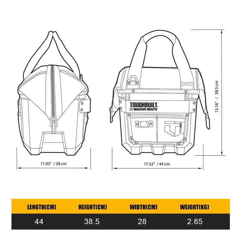 TOUGHBUILT TB-CT-62-12/TB-CT-62-16A/TB-CT-62-20 Medium/Large/X-Large Massive Mouth Bag Handheld Toolkit Waterproof Hardsole