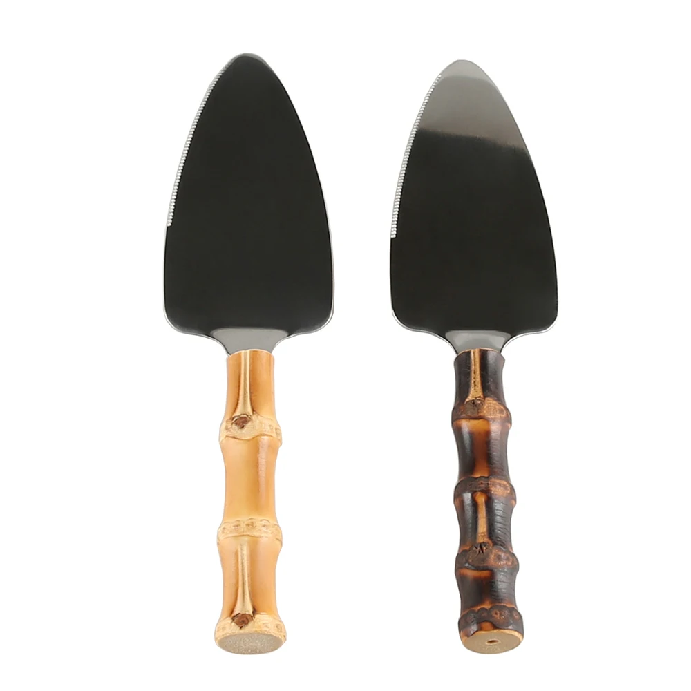 Bamboo Root Handle Stainless Steel Cake Server Serrated Pie Pizza Slice Cutter Spatula for Wedding Birthday Baking Dessert Tool