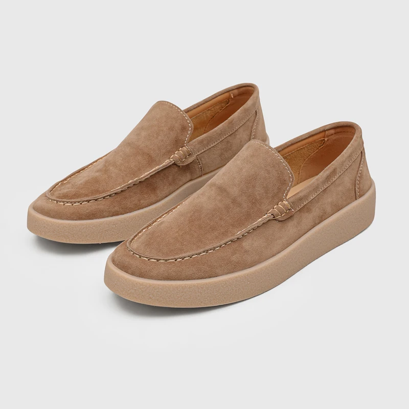 High Quality Men Suede Loafers Exquisite Stitching Thick Sole Anti Slip Height Increasing Flat Bottom Simple Casual Shoes