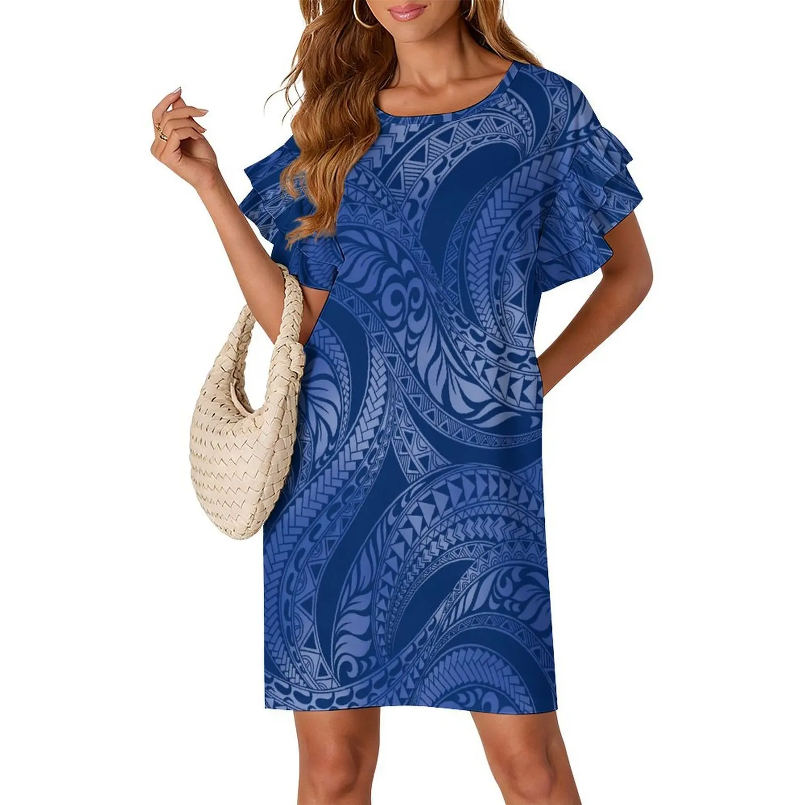 

Новое высококачественное женское элегантное длинное платье с индивидуальным узором и двойными рукавами с оборками - свободное платье в полинезийском стиле