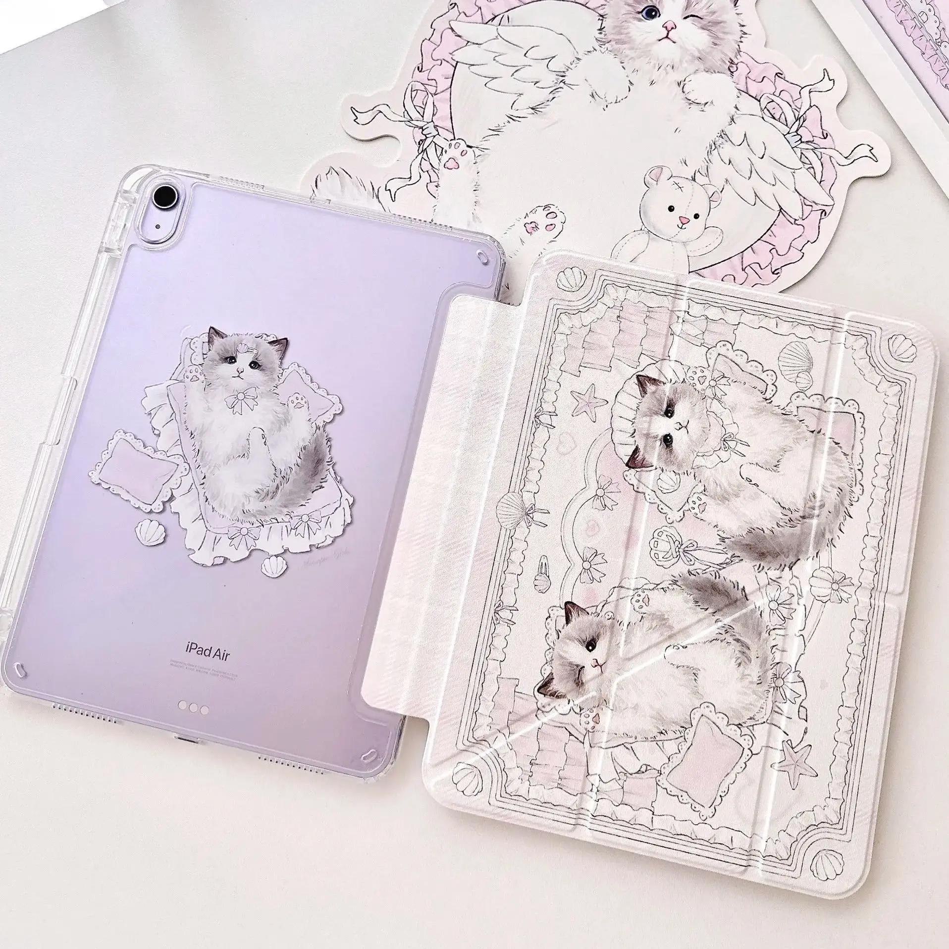 Pink Kawaii Cat For iPad Case iPad Pro 13/11/Air 6/10/Mini & iPad 9th Cute Transparent Acrylic Y-Fold Cover with Pencil Slot - view 3