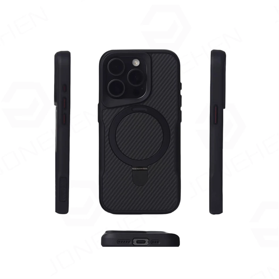 Luxury For Magsafe Shockproof Frame Armor Case For iPhone 13 15 12 14 16 17 Pro Max Metal Bracket Carbon Fiber Pattern Cover