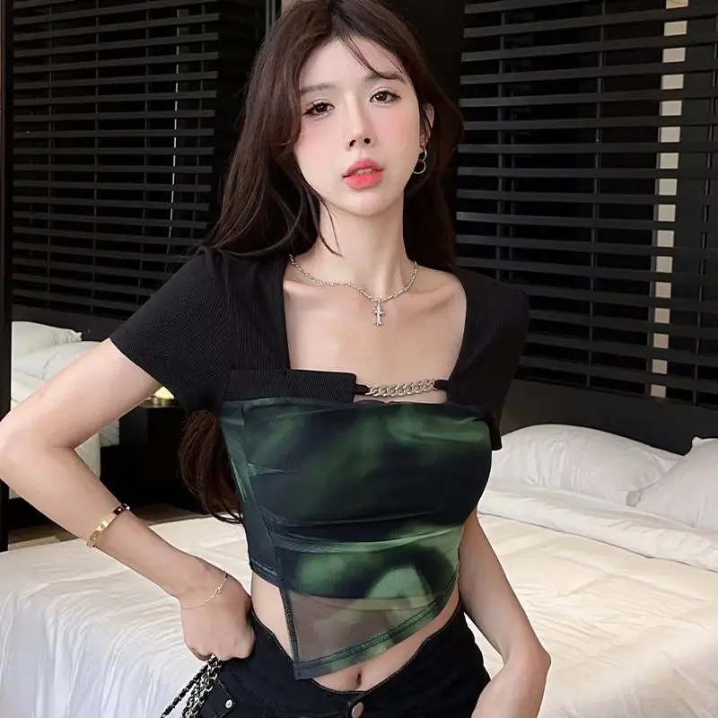 Irregular T-shirts Women Gradient Slim Summer Chic Hotsweet Chain Designed Streetwear Crop Tops Sexy Clubwear New Square Collar