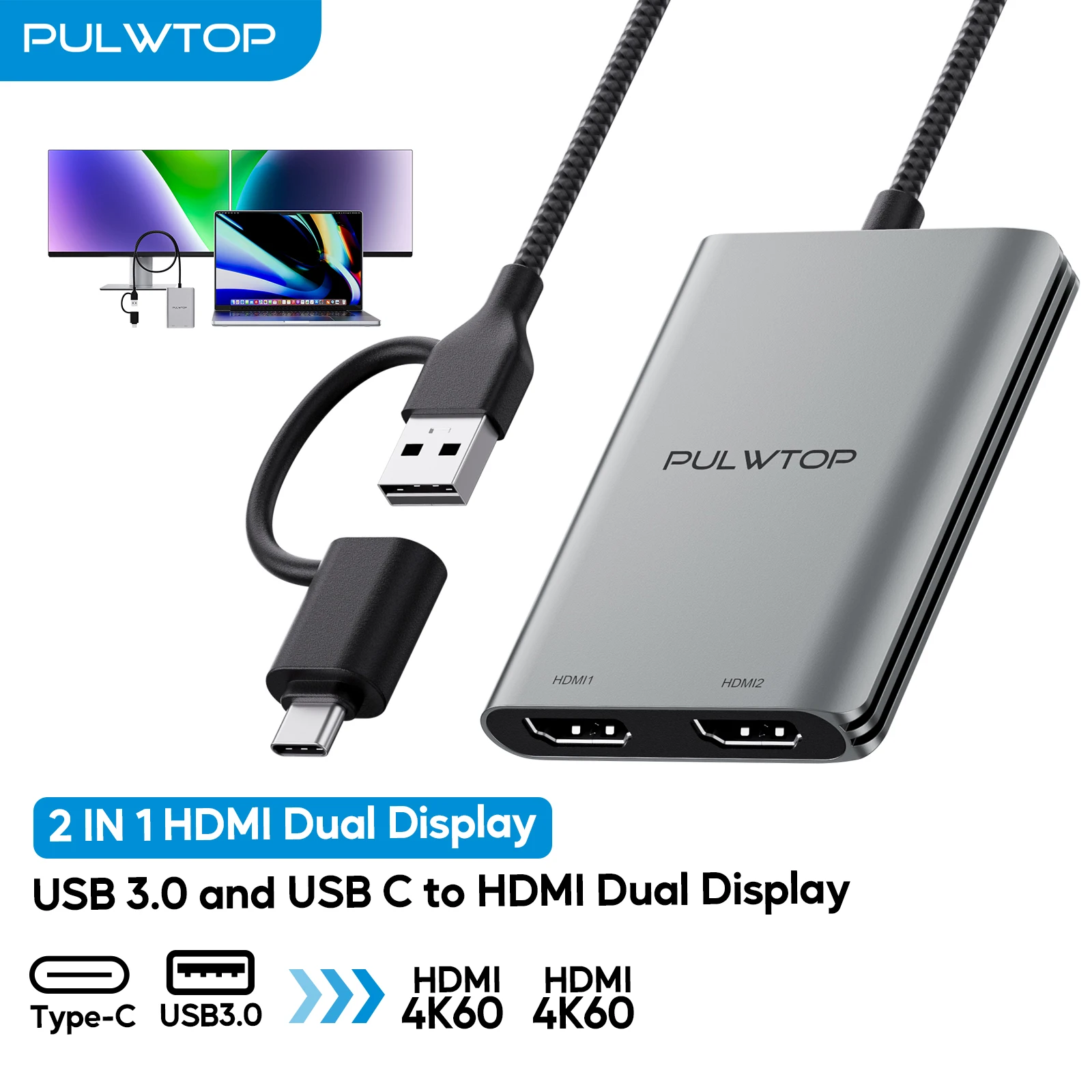 

PULWTOP USB C to HDMI Adapter with Dual Monitor for Mac M1/M2/M3/M4, USB C to Dual HDMI for MacBook, Laptops, Driver Required