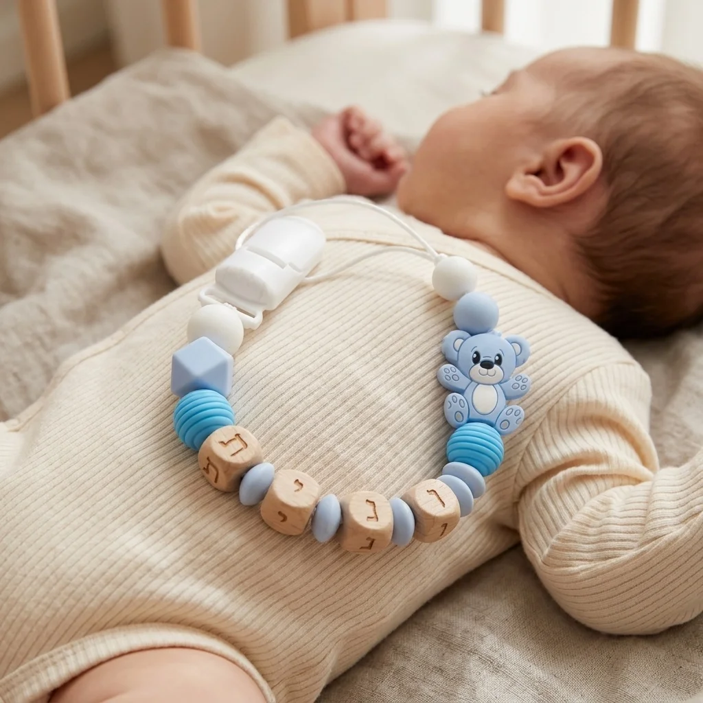 Baby DIY Custom Hebrew Name Pacifier Animal Pink Bear Personalized Pastel Holder Newborn Baby Shower Gift Hebrew Letter