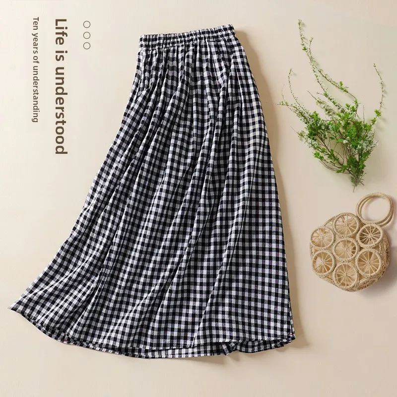 Falda acampanada de cintura alta con patrón dulce, Material de lino y algodón, diseño ket, faldas de verano para mujer, falda con vuelo completo