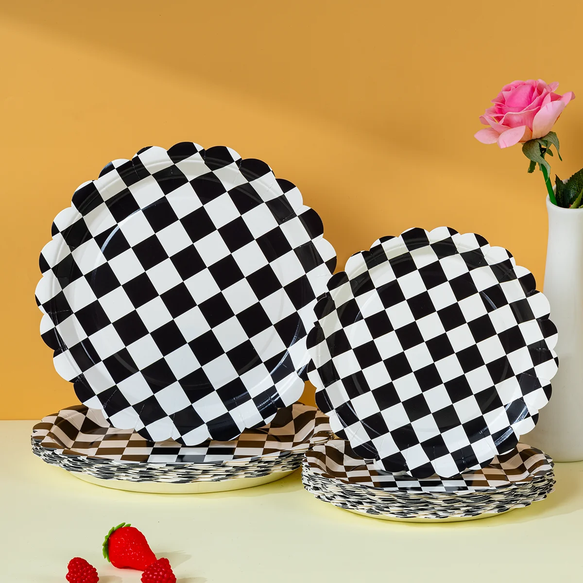 10/25/50 Piezas de Platos Desechables de Papel con Diseño de Tablero de Ajedrez Blanco y Negro para Fiestas, Platos para Cena, Artículos para Fiestas de Cumpleaños