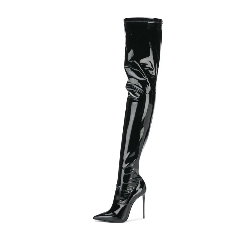 Arden Furtado Women's Patent Leather Skinny Boots Pointed Toe Side Zipper Super High Heel Modern Autumn Winter Extra Large Size