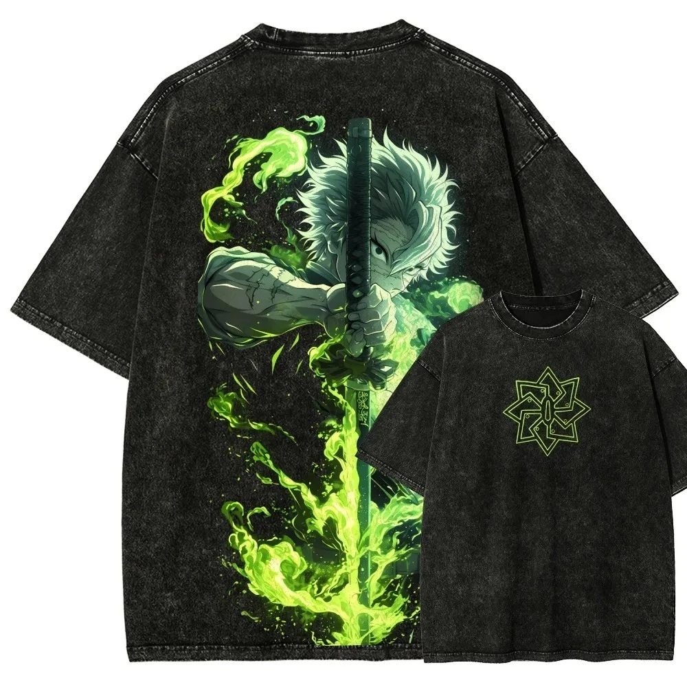 Camiseta Lavada de Demon Slayer para Hombre y Mujer, Sanemi Shinazugawa, Camiseta de Anime de Verano y Primavera, Retro, Desgastada, de Alta Gama, Manga Corta