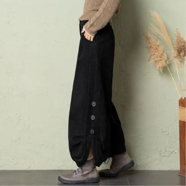 سروال قصير نسائي شتوي عالي الخصر مبطن بالصوف واسع الساق #5