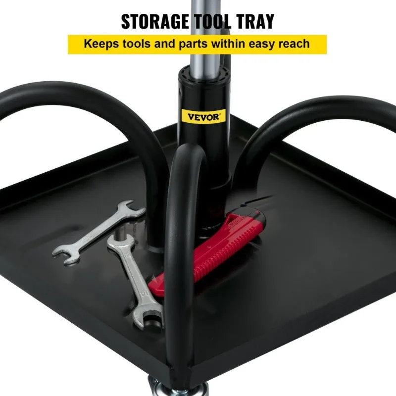 Adjustable Height Rolling Garage Stool 300LBS Capacity Black Mechanic Seat Swivel Wheels Tool Tray Workshop Auto Repair Shop