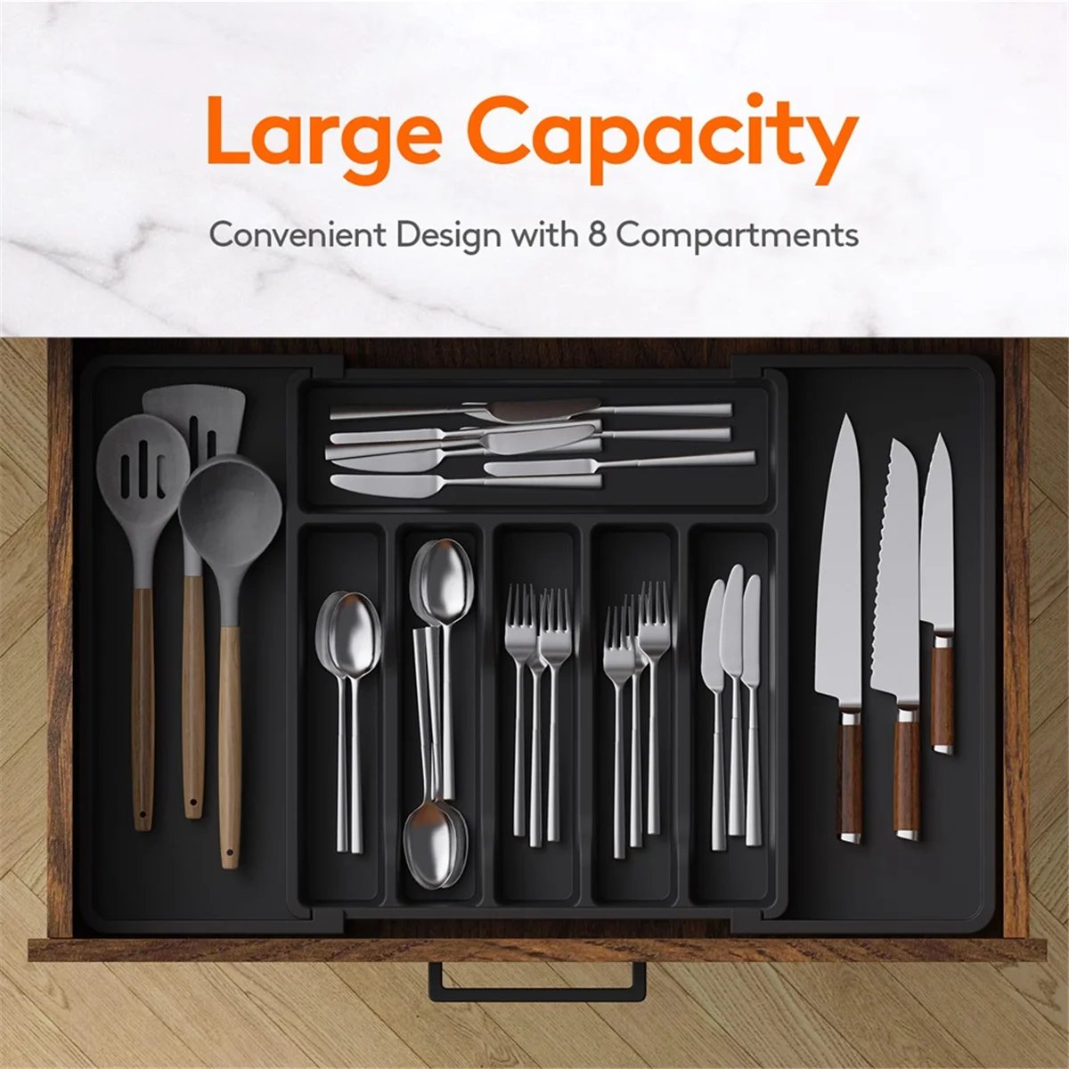 Drawer Organizer Expandable Utensil Tray for Kitchen Adjustable Flatware and Cutlery Holder Storage Spoons Forks Knives