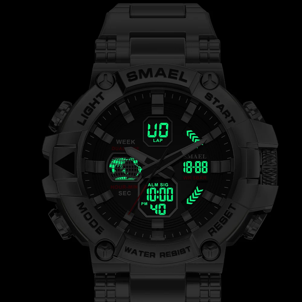 SMAEL New Sport Watch 304 Stainless Steel Strap 8096 50M Waterproof Clock Alarm Dual Display Quartz Watches For Men