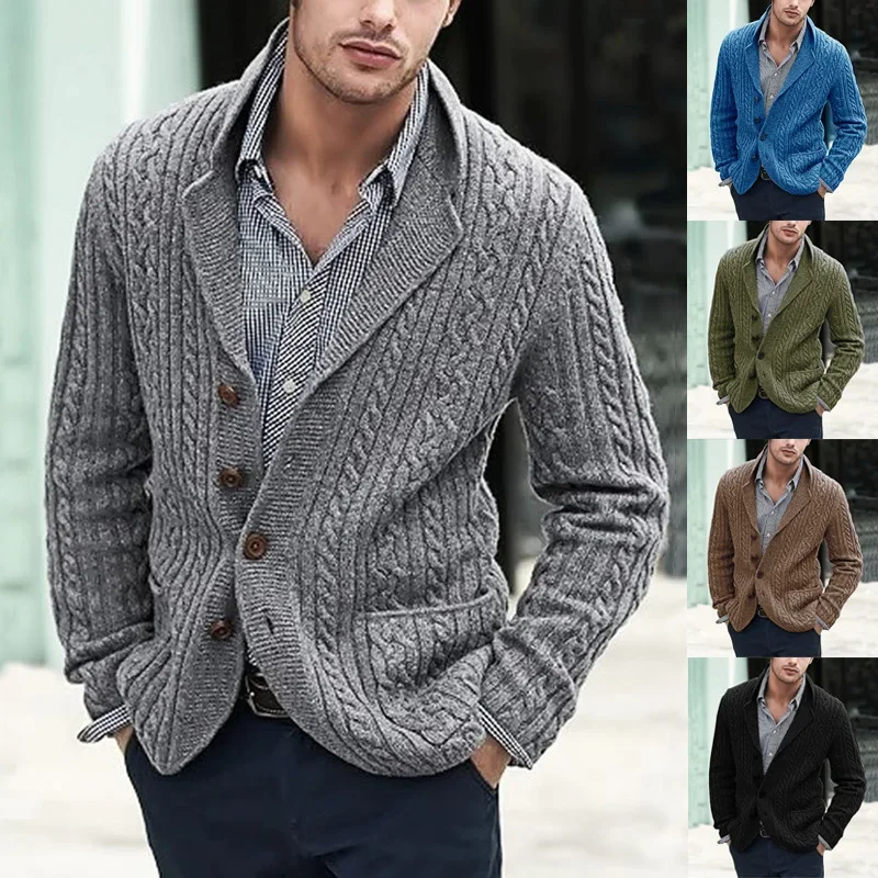 Men's Knitted Cardigan Autumn/Winter Fashion Casual Men's Cardigan Long Sleeve Collar Pocket Twisted Flower Men's Wear