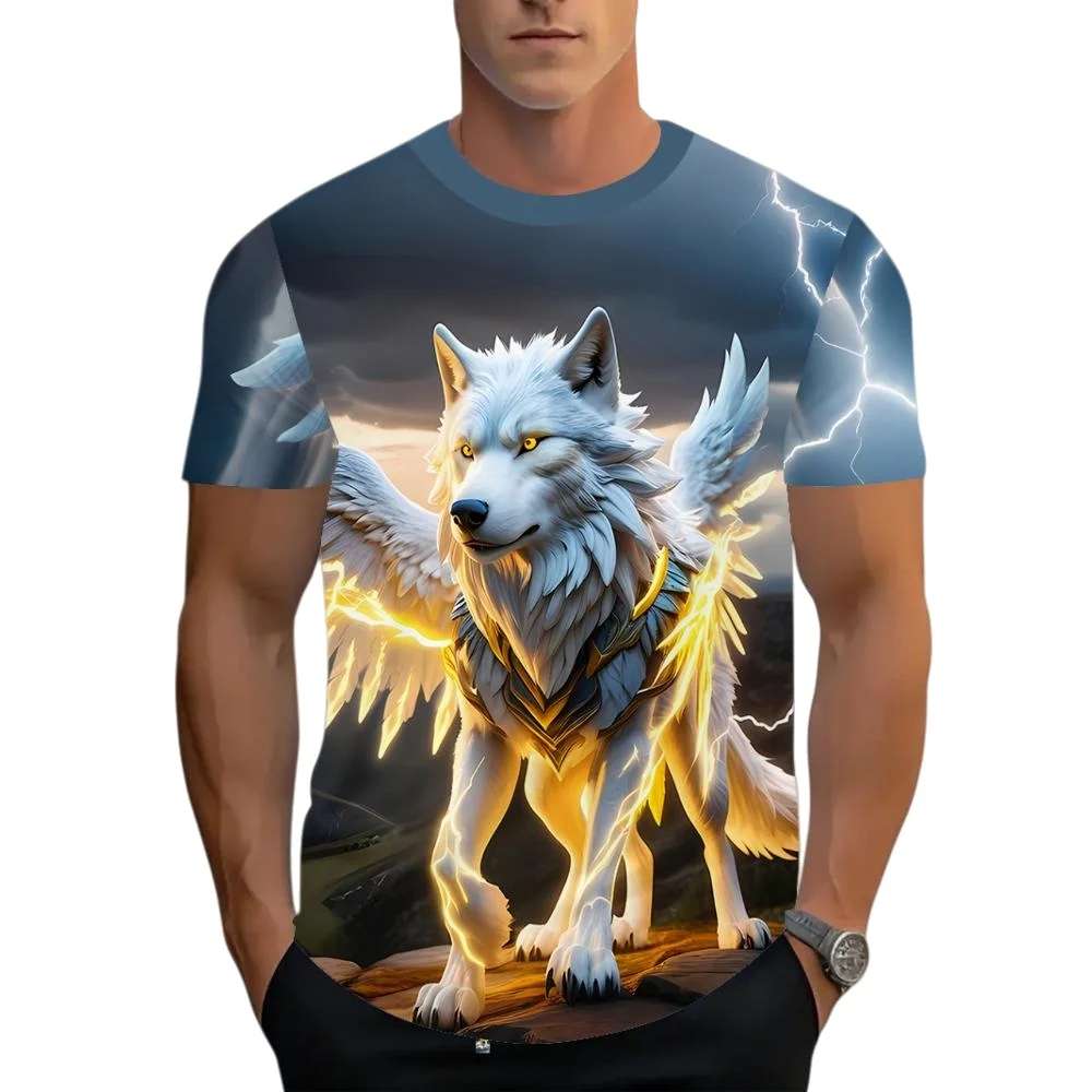 

Мужская модная футболка с 3D-принтом: креативный узор «Волк с крыльями», трендовая, нишевая, уличная, повседневная, удобная, свободного кроя, оверсайз