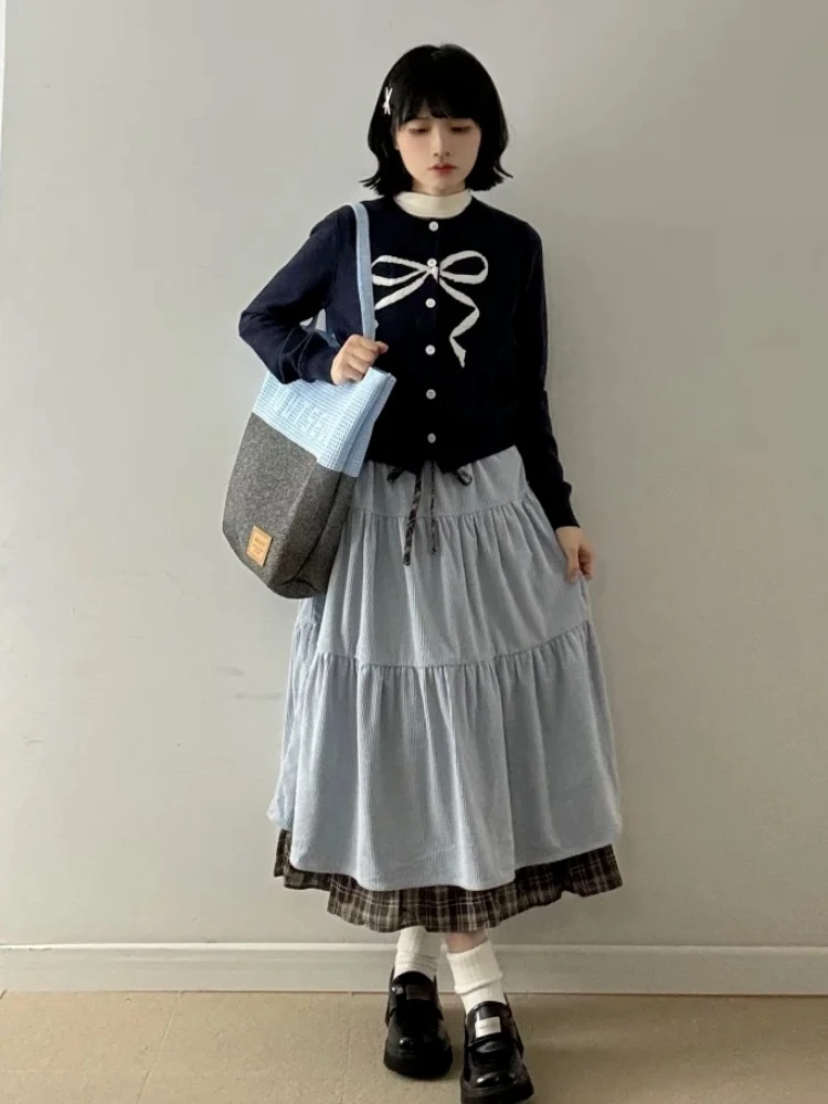 Women's Double Layer Plaid Corduroy Midi Skirt -Exquisite Workmanship Vintage Tiered Ruffle, Preppy Literary Style Spring Winter