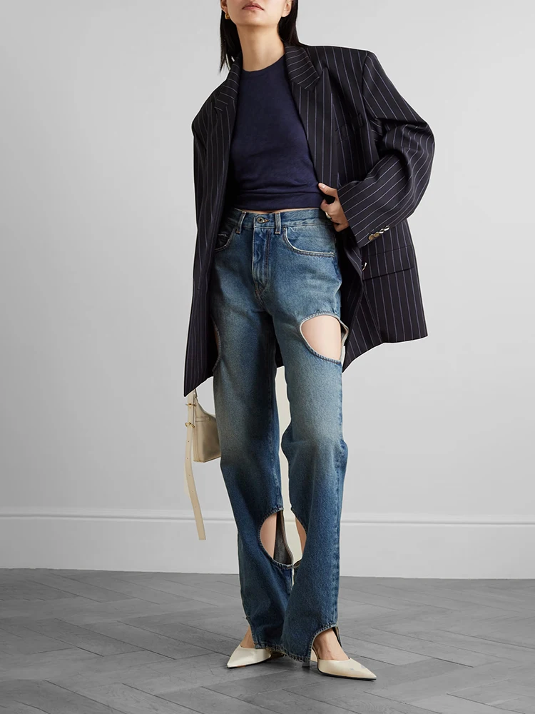 

Female New Solid Streetwear Hollow Out Denim Pant For Women High Waist Patchwork Button Vintage Trendy Length Pants
