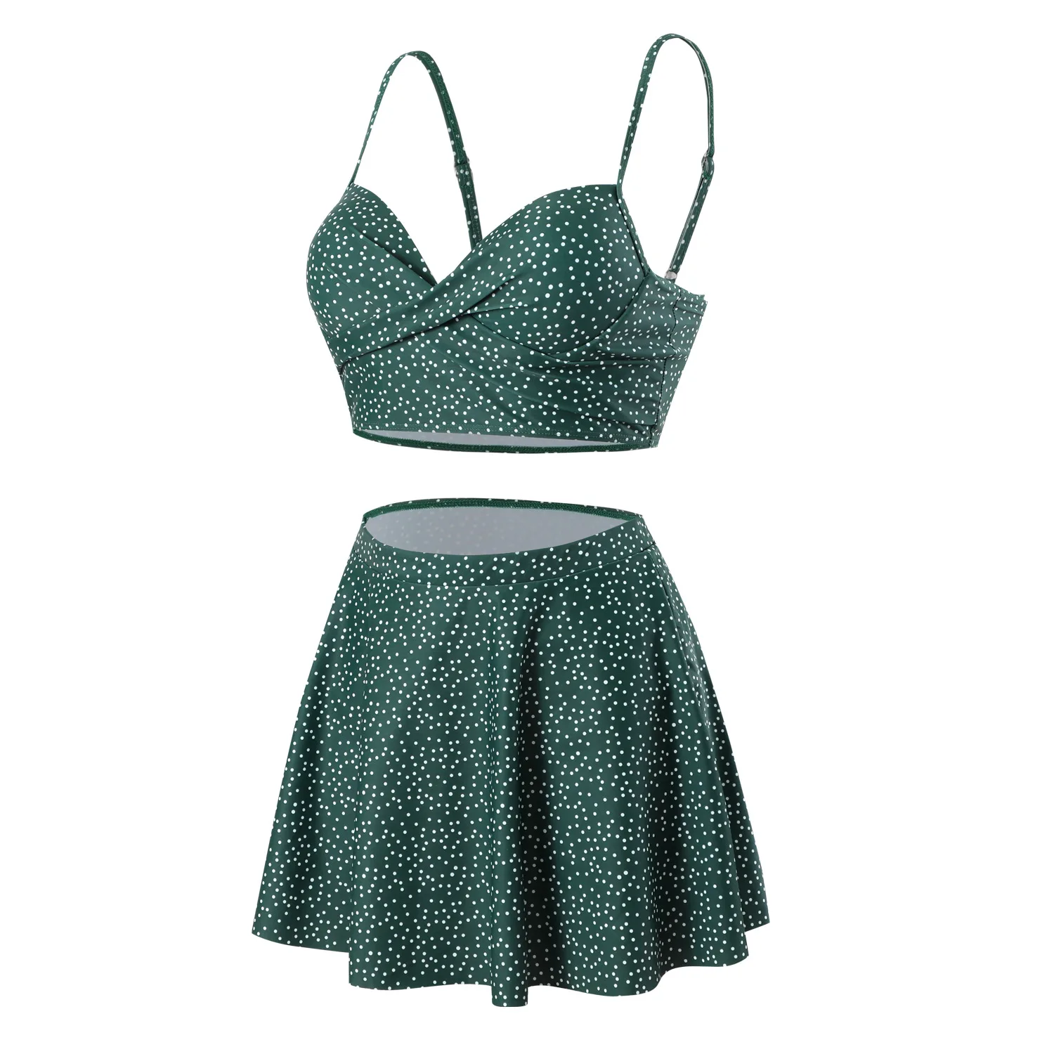 Ensemble Bikini à pois vert foncé pour femmes, haut croisé sur le devant avec jupe inférieure pour les vacances à la plage, maillot de bain