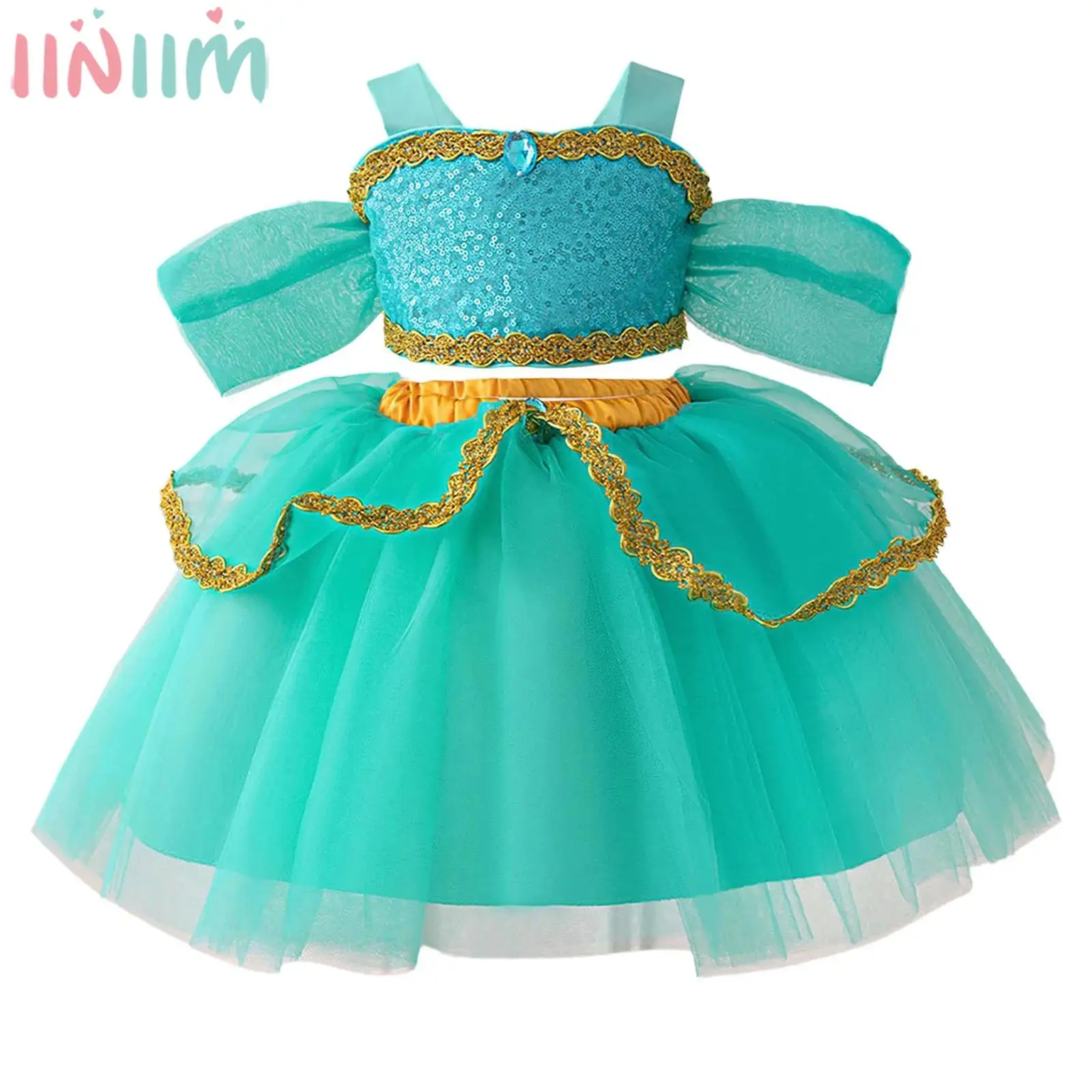 

Карнавальный костюм арабской принцессы для маленьких девочек на Хэллоуин, блестящий укороченный топ с пайетками и юбка-пачка из тюля, наряд для дня рождения