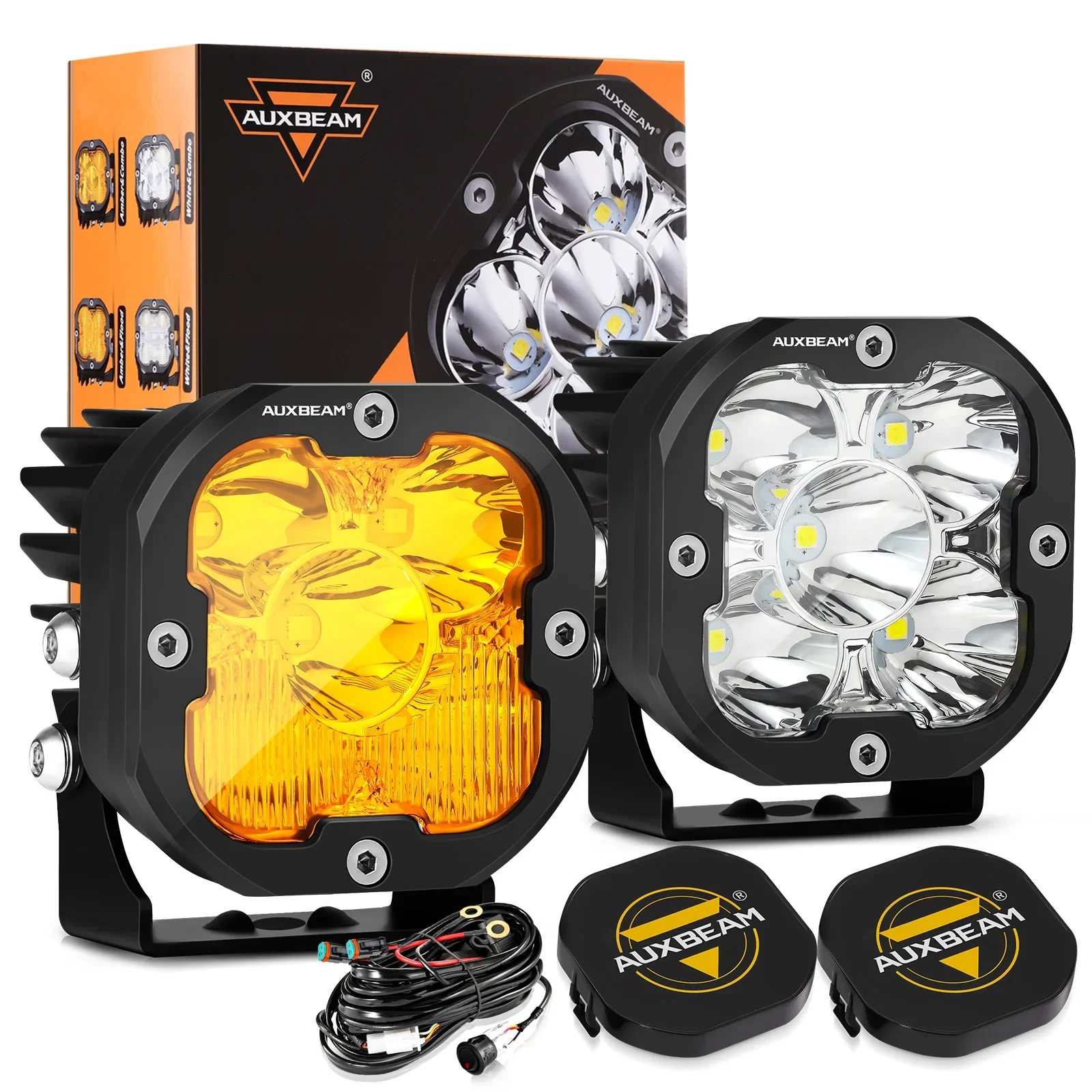 AUXBEAM 3 inch LED Work Light Fog Driving Lamp with Amber Shell 3500K Amber Combo & 6500K White Spot for Offroad Truck SUV 4WD