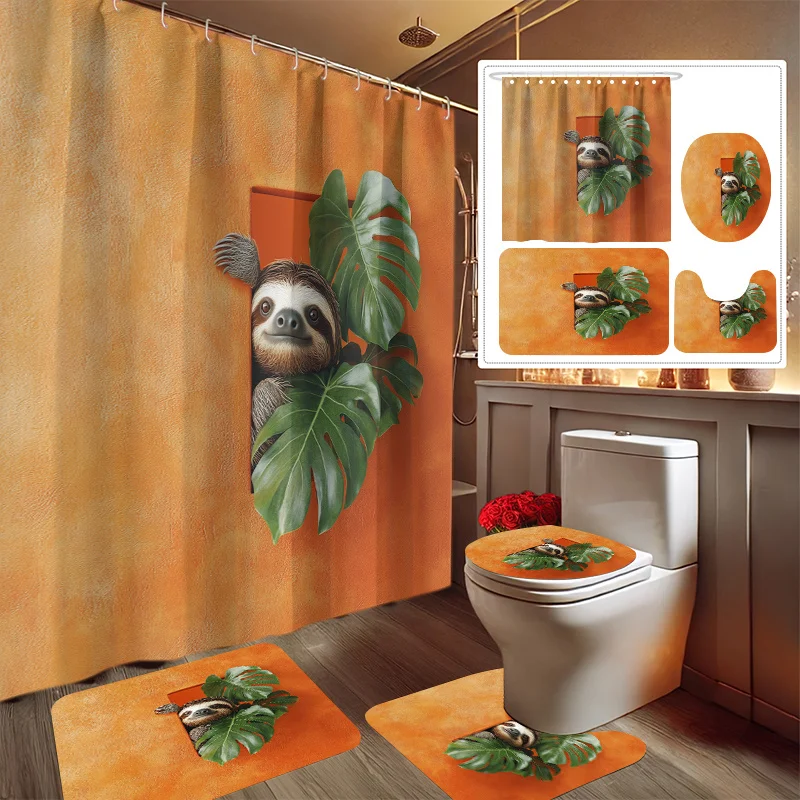 

4 шт., набор занавесок для душа с рождественской елкой и ленивым принтом, набор для украшения ванной комнаты, включает занавеску для душа, нескользящий напольный коврик, унитаз