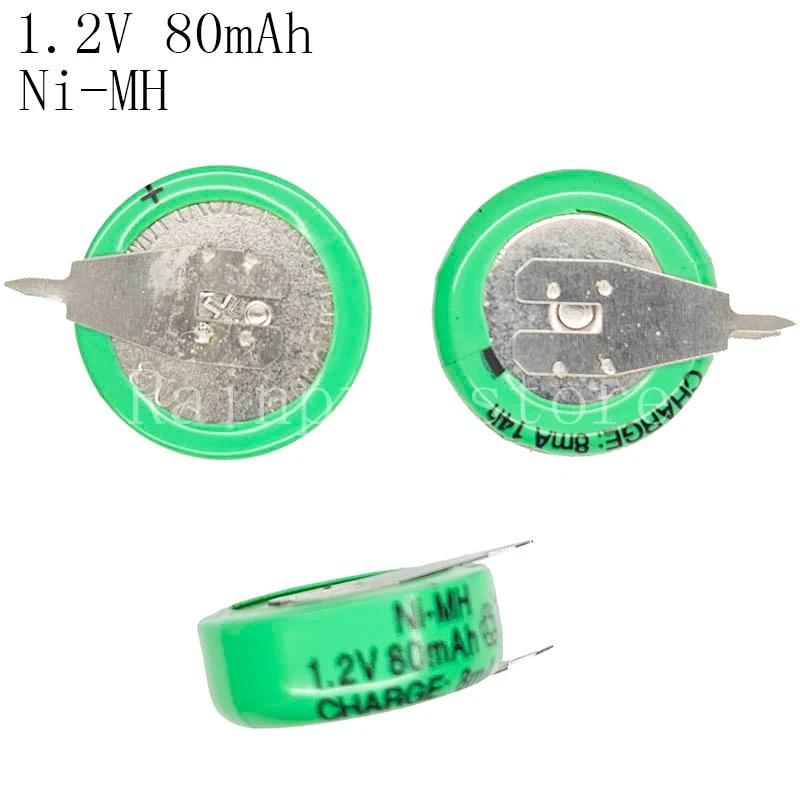 10PCS/LOT1.2V80mAhNi-MHWithPinsNiMHBatteriesRechargeableButtonCellBatteryForTimer