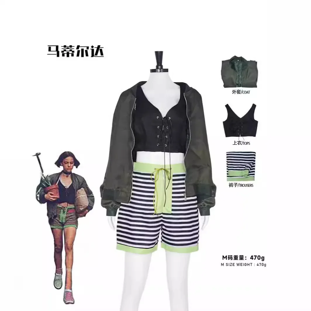 Movie Leon Professional Cosplay Costume Mathilda Role Play UniformTops Green Coat Striped Shorts  Halloween Carnival Party Suit