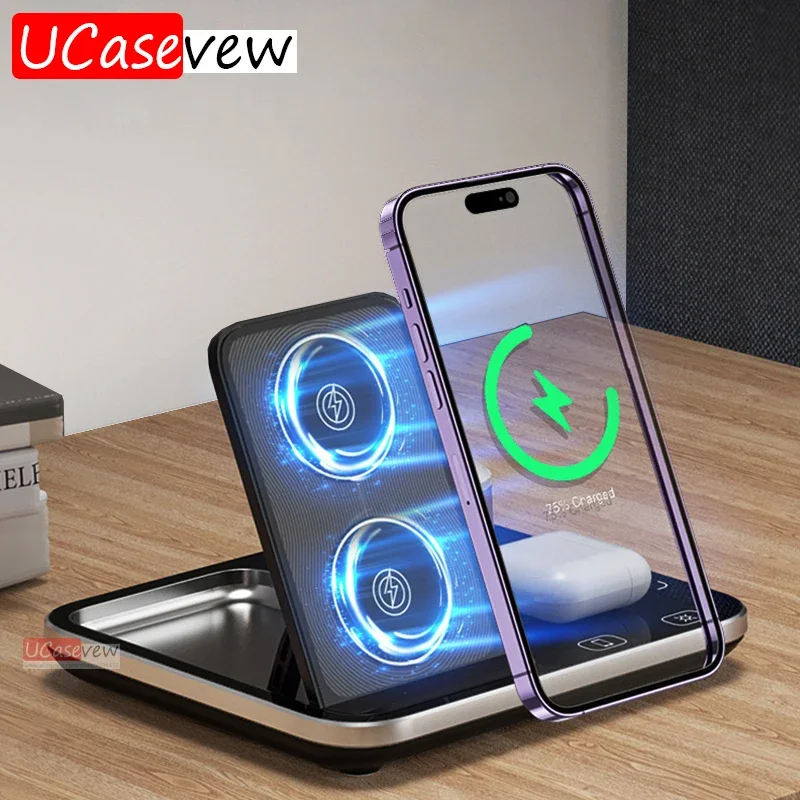 

4in1 Portable Wireless Charger Stand for iPhone 15 14 13 12 Pro Fast Charge Wireless Dock Magnetic Foldable With RGB Night Lamp