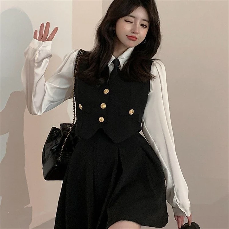 Spring Autumn Preppy Style Tie Vest Black Suit Women's 4-Piece Set Korean American Hot Girls Online Celebrities JK Uniform Set