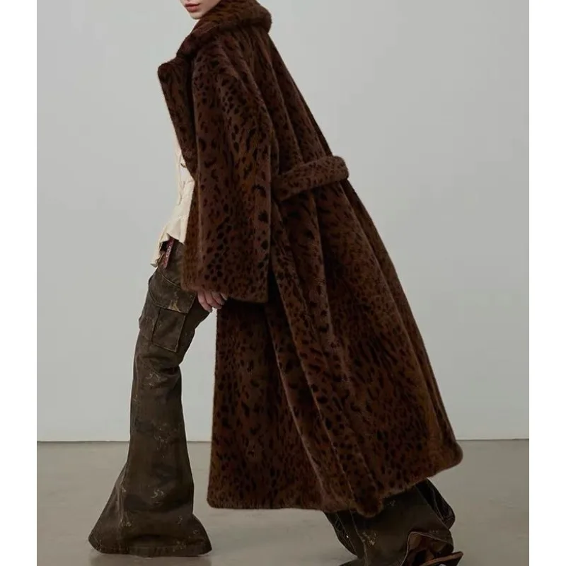 Winter Thickened Leopard Print Super Long Tall Furry Trench Coat Original Design Wind Waist Imitation Mink Fur Coat