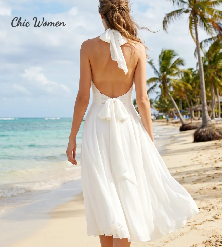 Minimalist Boho Beach Midi Wedding Dress 2026 Keyhole Cutout Backless Short Elopement Bride Dresses With Bow Sash Bohemian Civil