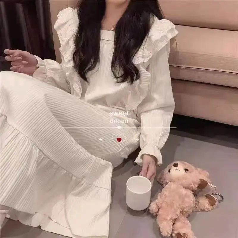 Lace Women Nightgown Korean Sleepwear Square Collar Nightwear Solid One Piece Pajamas Ruffles Autumn Sleeping Night Dress New