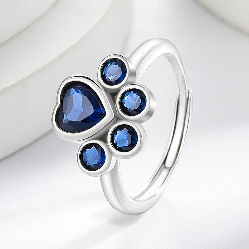 925 Sterling Silber Katzenpfoten-Ring für Frauen, Verstellbarer Blauer CZ Niedlicher Tierpfoten-Abdruck Ring, Modeschmuck Geschenk für Katzenliebhaber