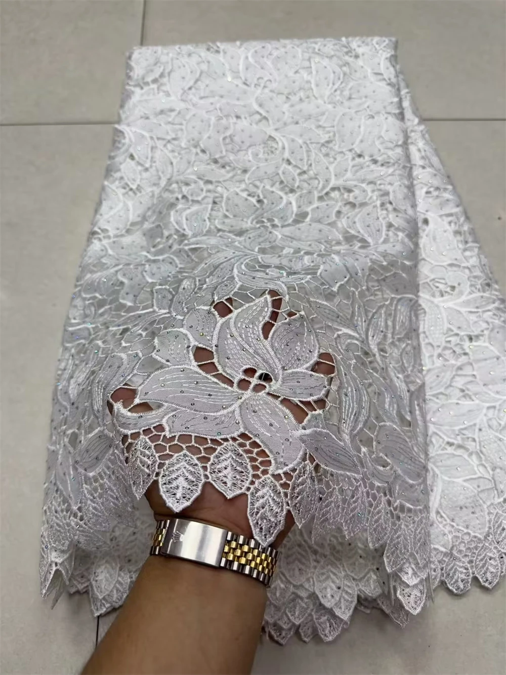 

African White Lace Fabric with Stones, Cord Lace, Heavy Guipure, Wedding Dress, High Quality, 5 Yards