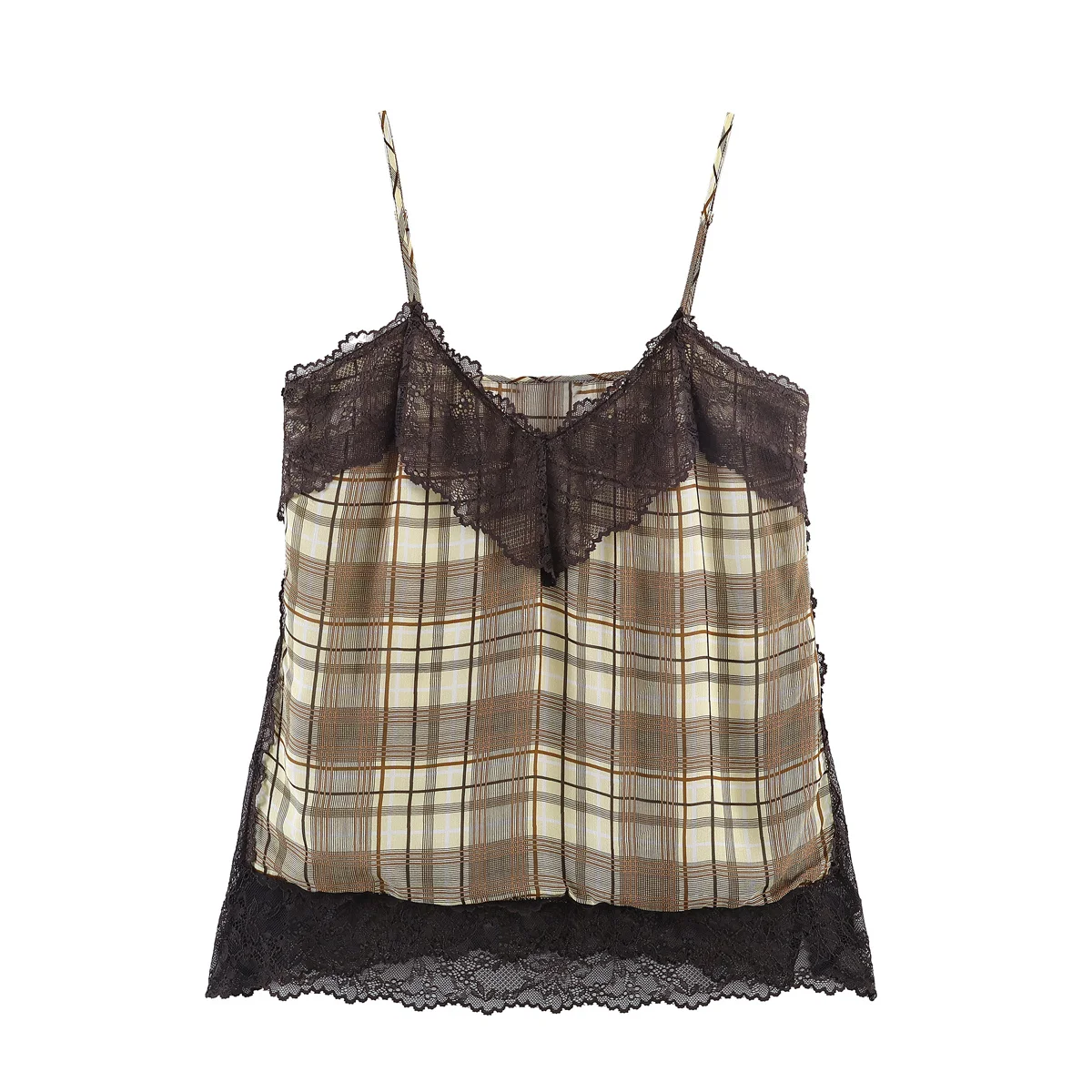 

Women's Plaid Underwear-Style Top Spring Summer Fashion Lace Patchwork Trimmed V-neck Tops Sexy Female Thin Shoulder Waistcoat