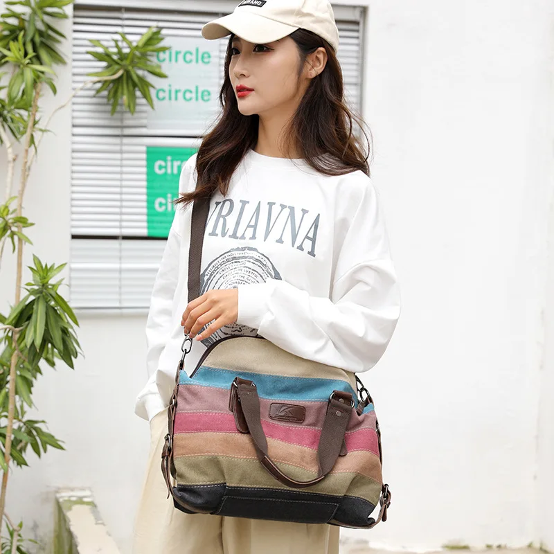 Canvas Casual Retro Fashion Art School Crossbody Met Één Schouder En Grote Capaciteit Damestas Met Contrast Kleuren Stikzakken