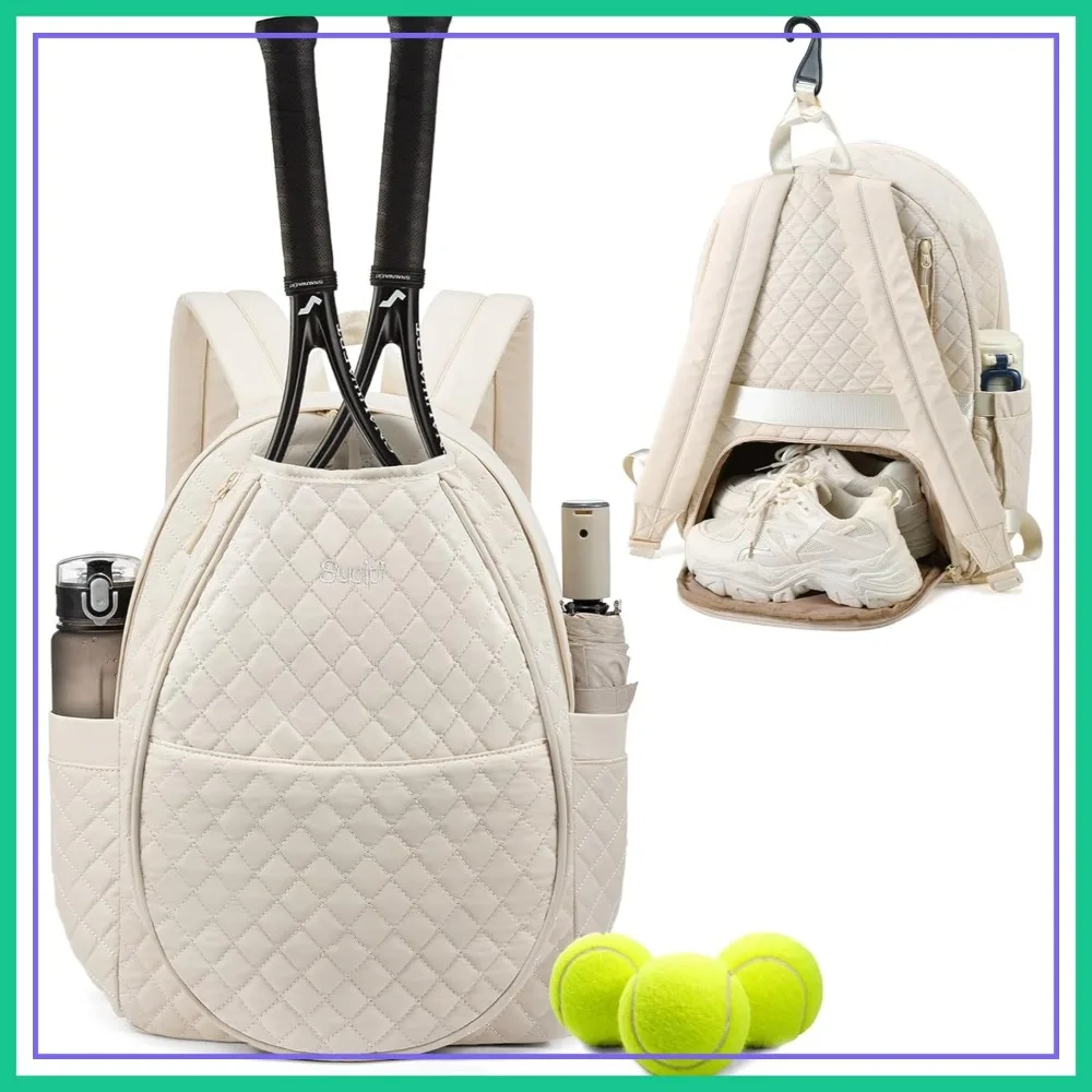 

Quilted Tennis Racket Backpack for Women, Holds 2 Racquet, Pickleball Paddles, Badminton, Gym & Travel
