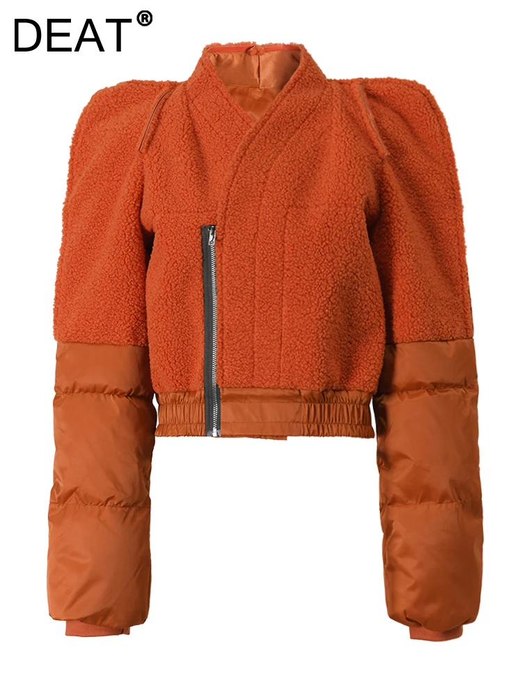 

DEAT Fashion Women Cotton-padded Coat Plush Spliced Long Sleeve Short Thick V-neck Zipper Jackets Winter 2024 New Tide 17A1708H